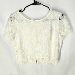 Morning Lavender Floral Lace Short Sleeve Crop Top White Eyelash Trim Size L